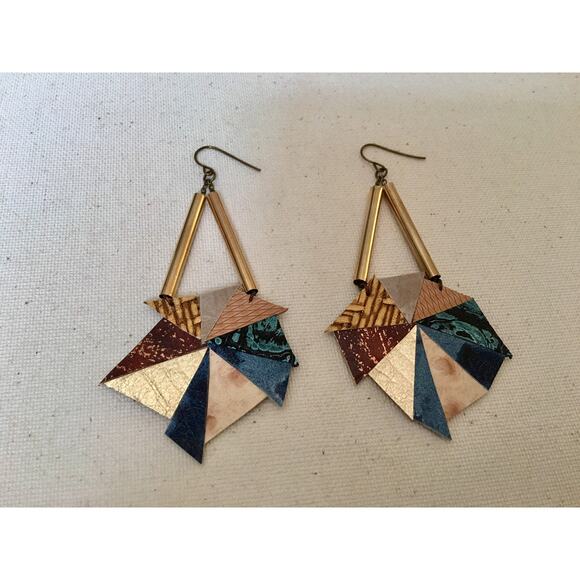 Artisian handmade Mosaic Leather and Brass Statement Earrings - Picture 5 of 10